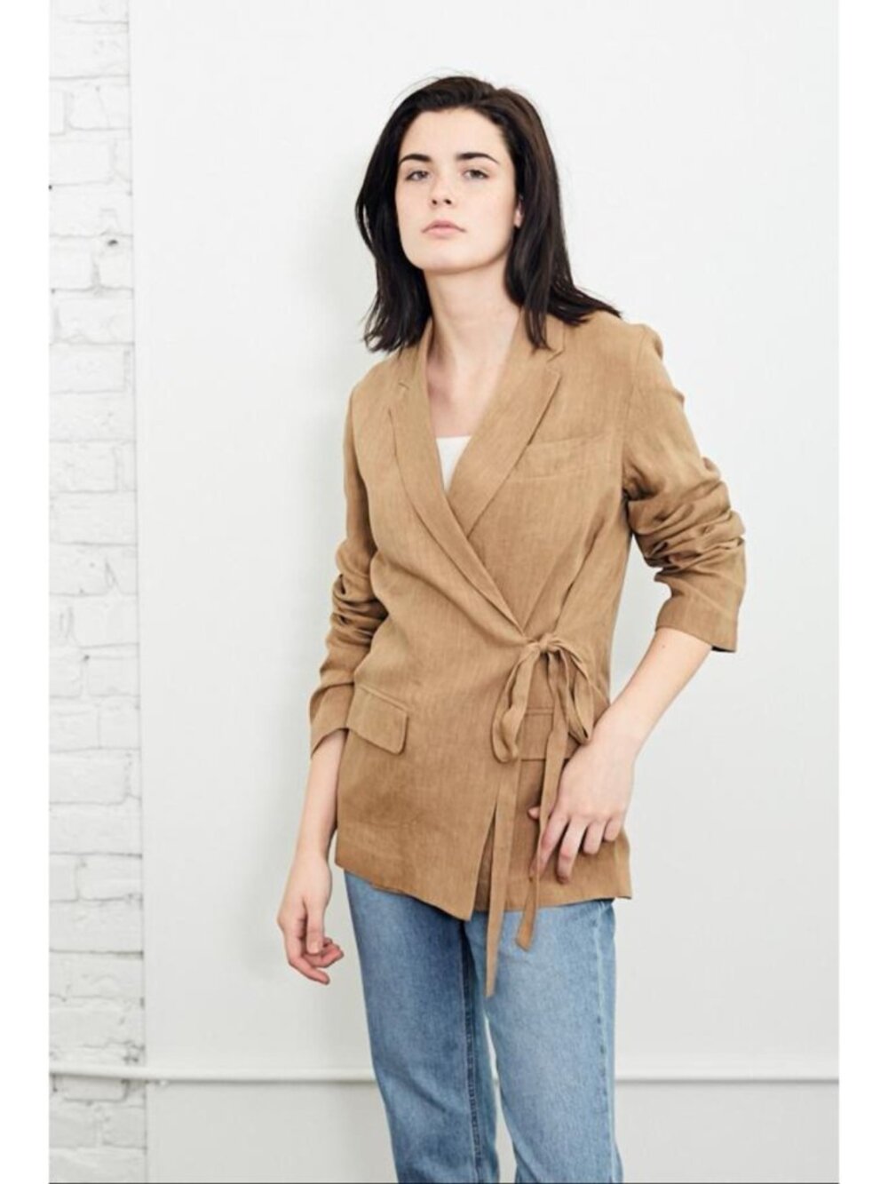 Mijeong Park Linen Blazer w/ Side Tie in Dark Beige